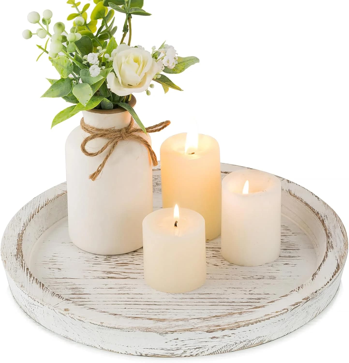 Hanobe Round Wood Candle Holder Trays for Coffee Table, Rustic White Finish