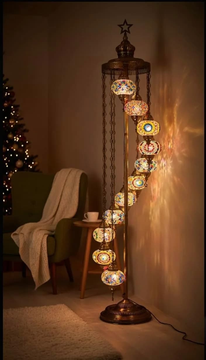 DEMMEX 11 Globe Turkish Moroccan Mosaic Floor Lamp, 7ft Tall - Tiffany Style Standing Decorative Boho Lamp with Colorful