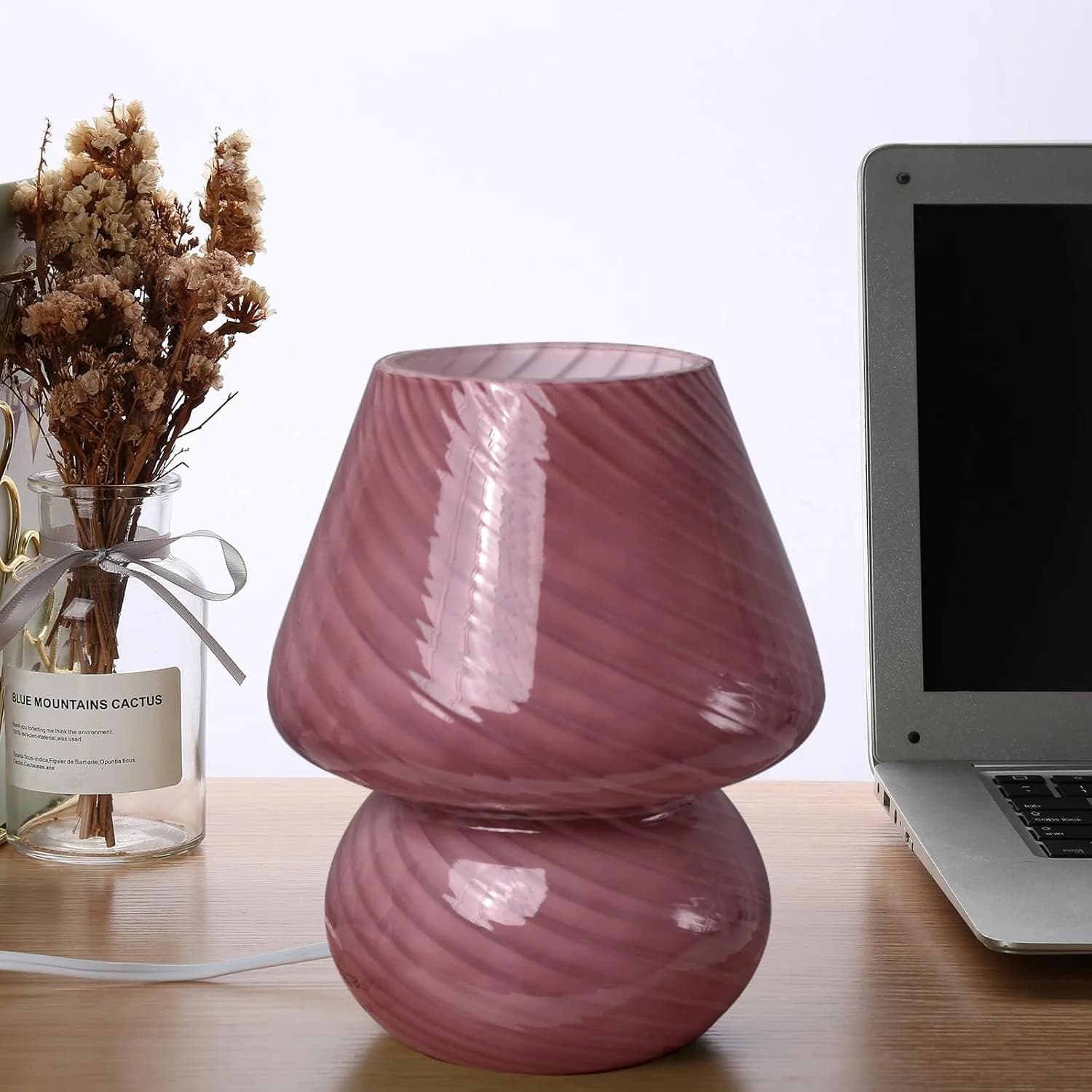 Mushroom Lamp,Glass Mushroom Bedside Table Lamps Purple Translucent Murano Vintage Style Striped Small Nightstand Deskla