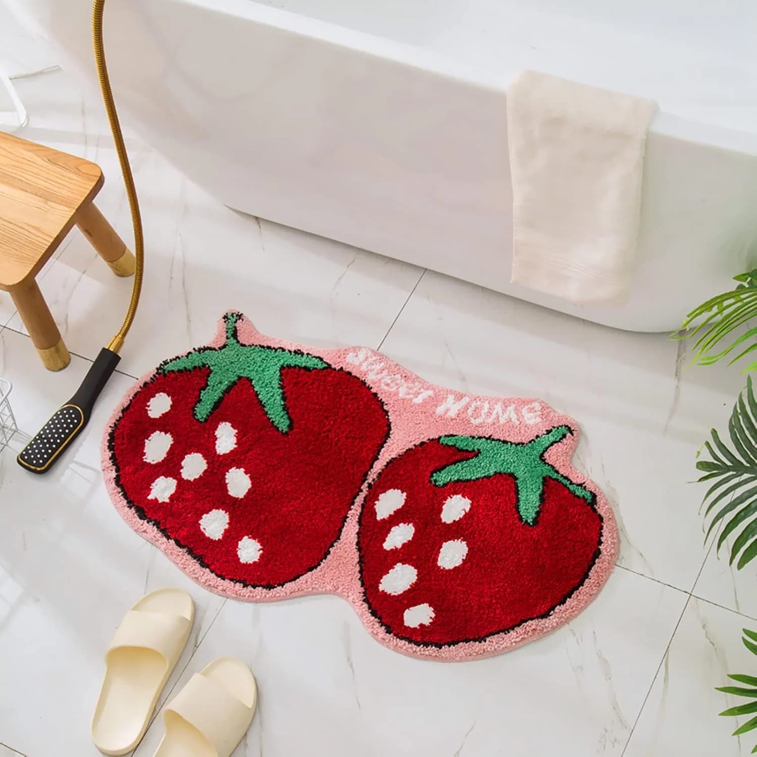 UKELER Cute Strawberry Shape Bathroom Rug for Kids Non Slip Absorbent Bath Mat Washable Shaggy Kids Bedroom Decor Bathro