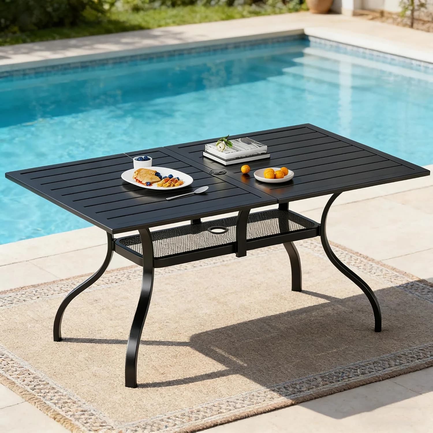SUNCROWN 60"x37" Black Patio Outdoor Dining Table Metal Steel Slat Rectangular Bistro Table for Porch Deck Garden Backya