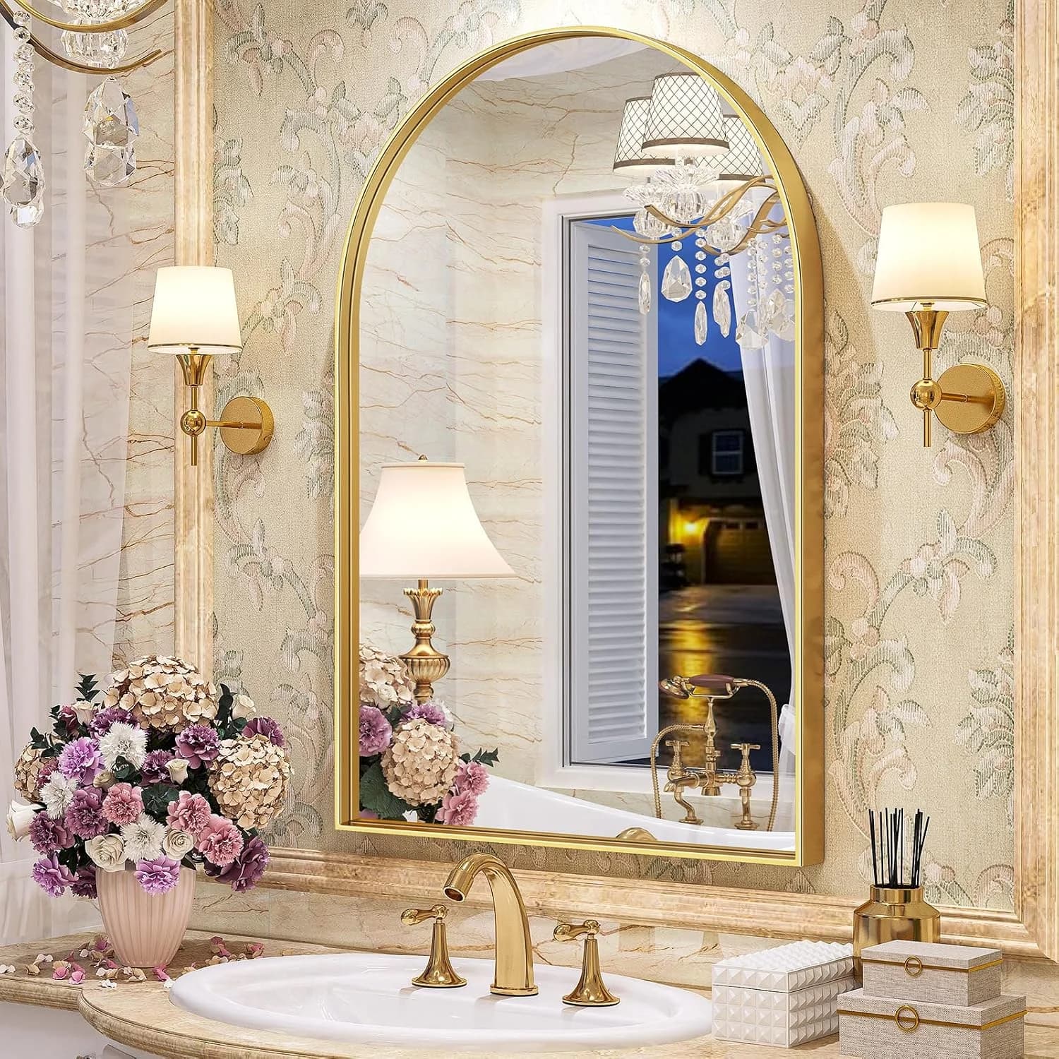 Brightify Gold Arched Mirror, 24 x 32 Inch Arch Wall Mirror, Brass Metal Frame Bathroom Mirror, Arched Top Bathroom Vani