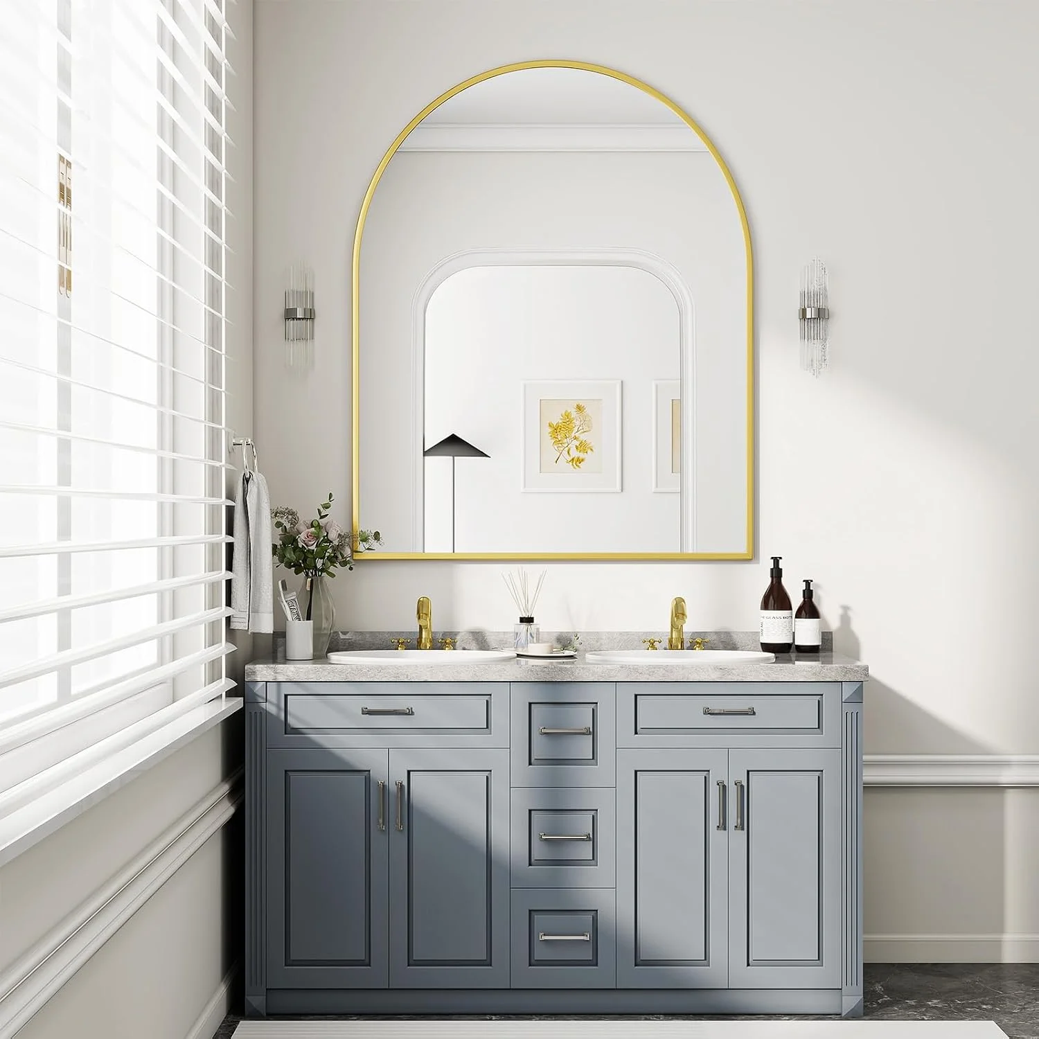 BEAUTYPEAK 36"x48" Arch Bathroom Wall Mirror, Gold