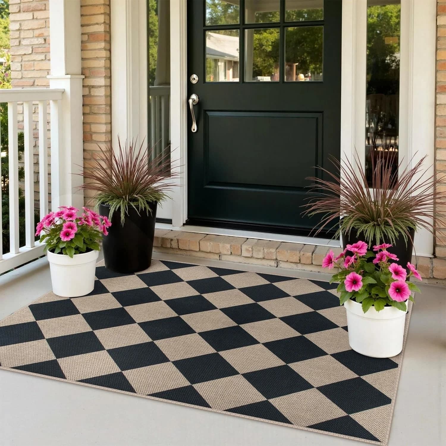 Rugalia Easy Jute Small Outdoor Patio Rug, 3x5 Black Checkered Entryway Rug Washable Modern Diamond Kitchen Rugs, Non-Sl