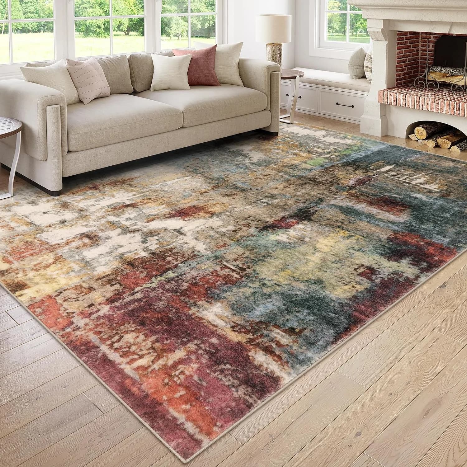 Lahome Modern Abstract Living Room Rug 8x10, Washable 8x10 Area Rugs for Bedroom Stain Resistant Non Slip, Large Red Sof