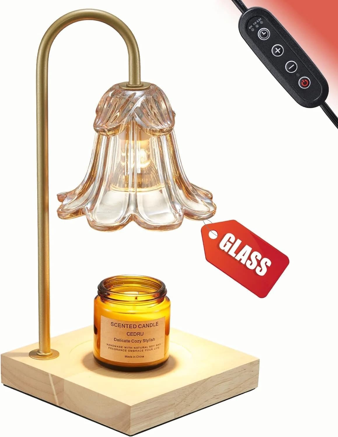 Candle Warmer Lamp with Timer for Jar Candles, Glass Gold Modern Electric Dimmable Wax Melter Lamps, Flower Lampshade Cu