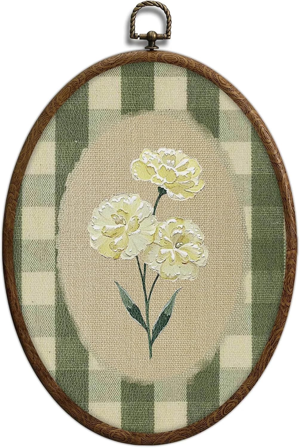 Flower Oval Wall Art, Green Gingham Oval Cottage wall Decor, Retro Botanical Grandma Cottage Core Home Decor for Western
