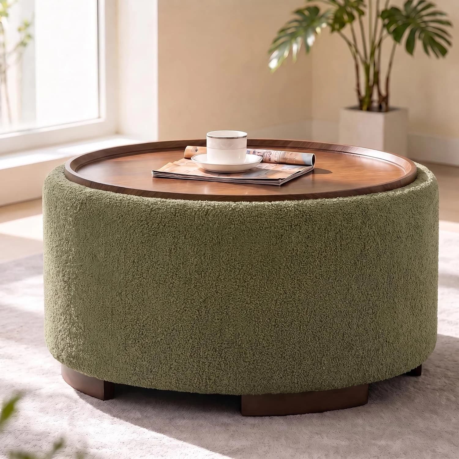 29.5 Inch Round Storage Ottoman Coffee Table, Green Teddy