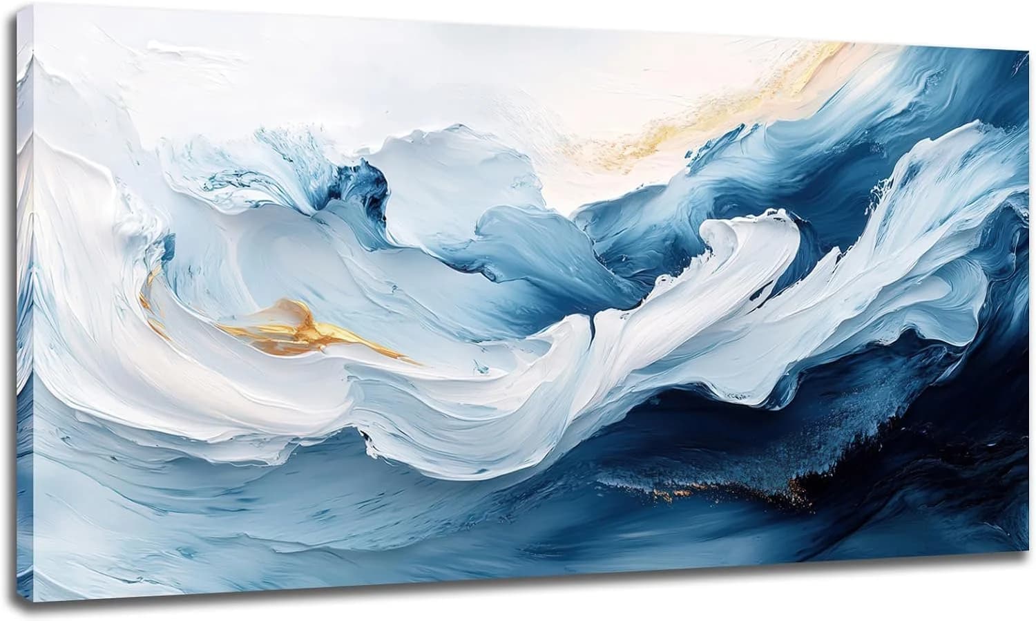 RUIFENGL Blue White Gold Abstract Canvas Wall Art Prints for Home Office