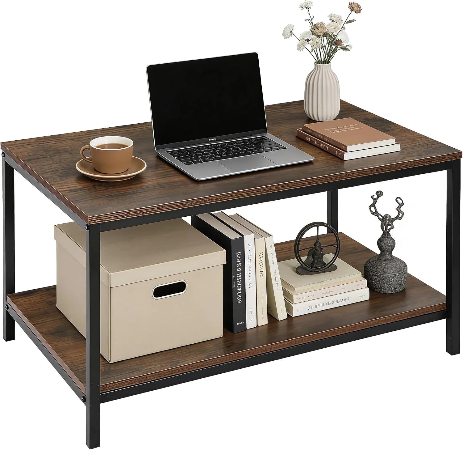 ZenStyle Industrial Coffee Table with Storage Shelf for Living Room, Wood Look Accent Furniture with Vintage Wooden Boar