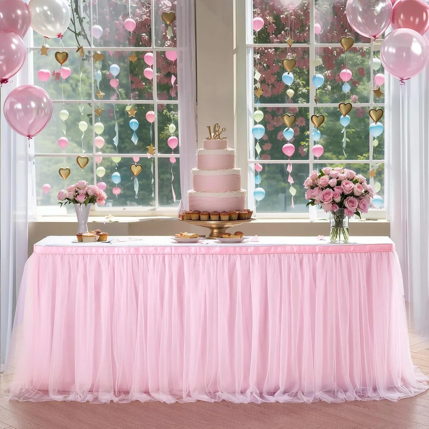 Suppromo 6ft Pink Tulle Table Skirt Baby Shower Tablecloth for Rectangle Tables or Round Tables Pink Ruffle Tutu Table S