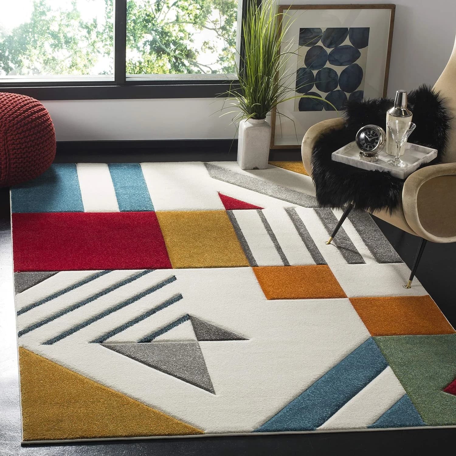 SAFAVIEH Hollywood Collection Area Rug - 5'3" x 7'6", Ivory & Peacock Blue, Mid-Century Modern Design, Non-Shedding & Ea