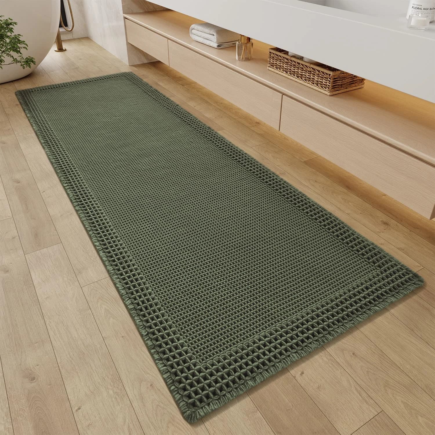 RESARE Waffle Bathroom Runner Rugs, Non Slip Boho Bath Mat 24"x72" Green