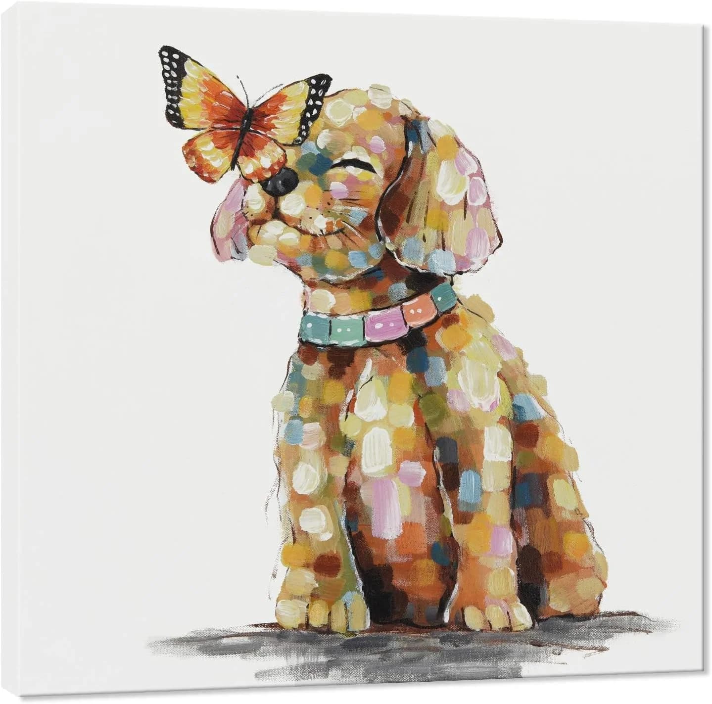 SEVEN WALL ARTS Dog Canvas Wall Art Colorful Animal Picture Pet Puppy Butterfly Alighted on Dog Paintings Modern Framed