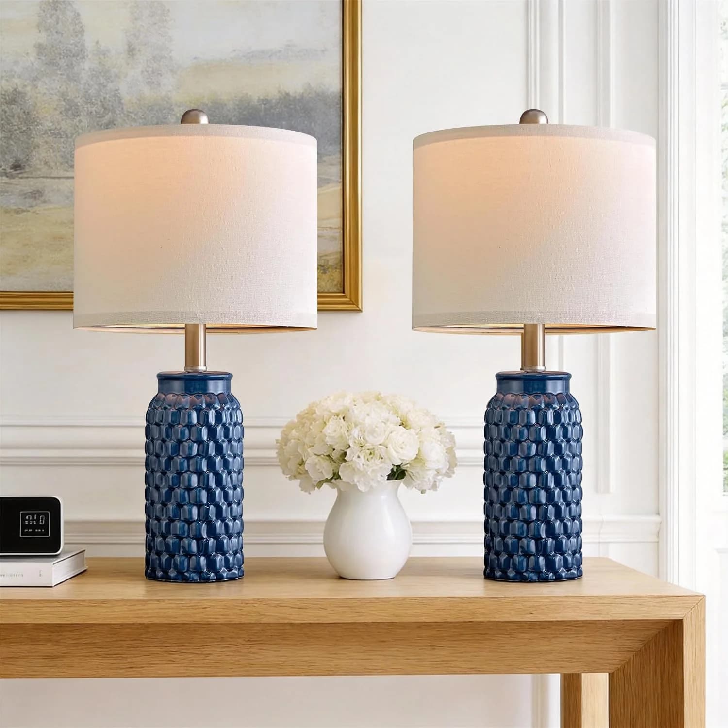 USumkky 20.5 inches Modern Ceramic Dark Blue Bedside Lamp Set of 2 for Bedroom Decor Farmhouse Table Lamp for Living Roo