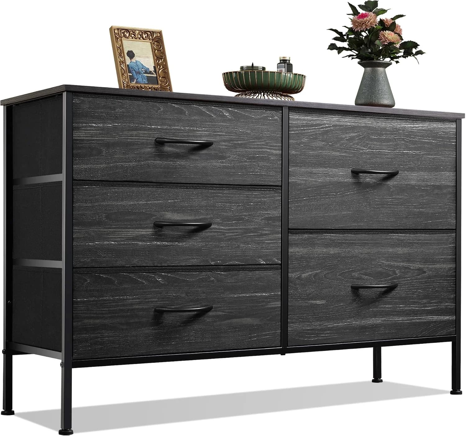 WLIVE Black Dresser for Bedroom, 5 Fabric Chest of Drawers