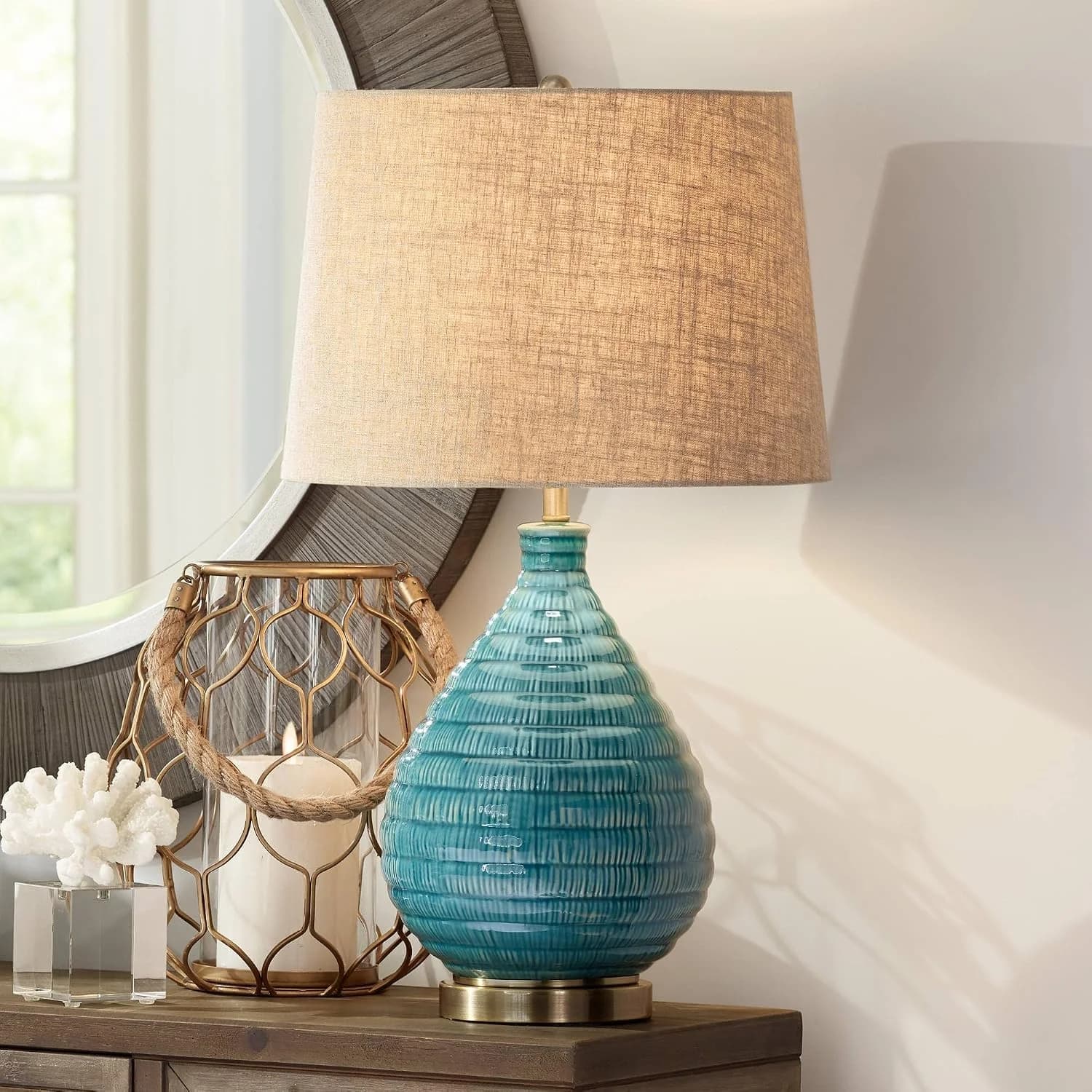 Kayley 24" High Table Lamp Linen Shade Sky Blue Ceramic Mid Century Modern