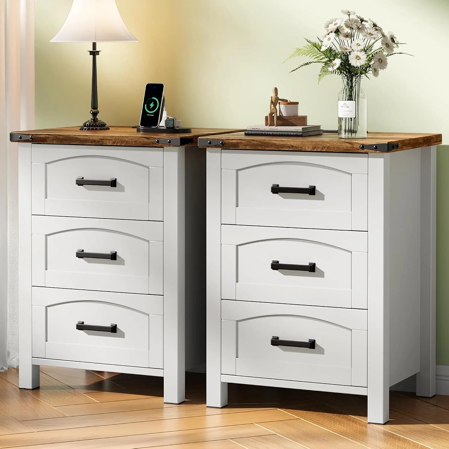 Decofy Farmhouse Nightstand Set of 2 with Charging Station, 3 Drawers