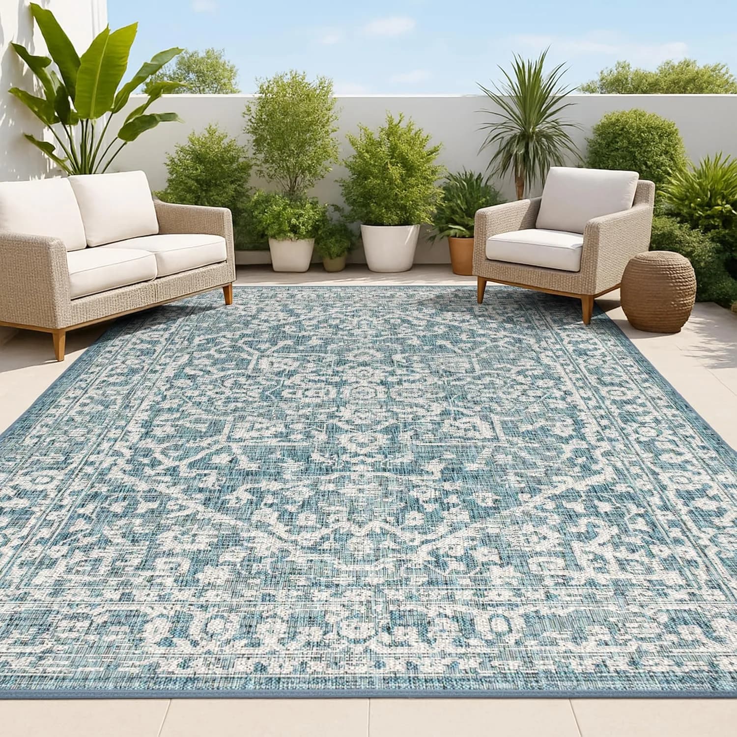 JONATHAN Y Boho Medallion Indoor Outdoor Area Rug 8X10 Teal/Gray, Malta Textured Weave for Backyard, Patio, Porch, Easy-