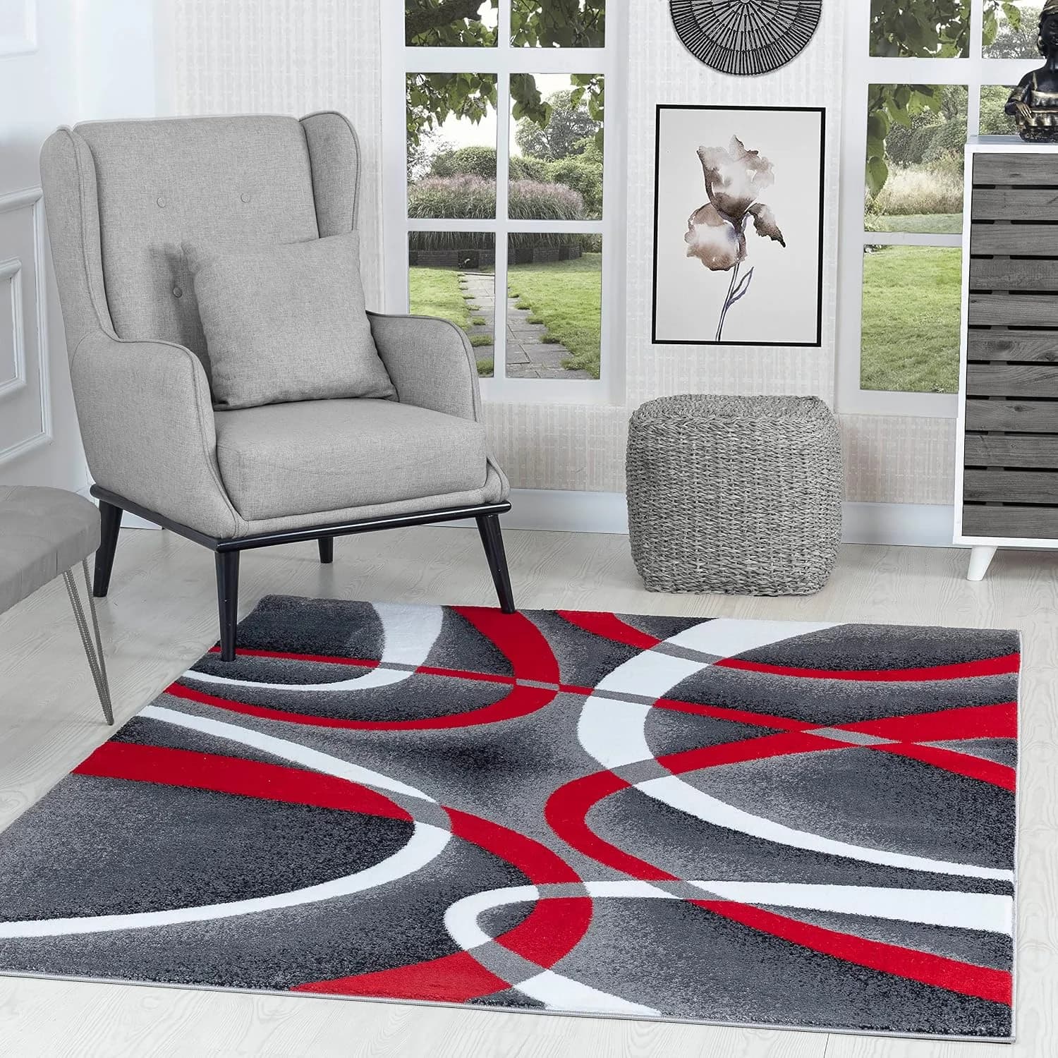 GLORY RUGS Modern Red Area Rug 4x6 Grey Swirls Carpet Bedroom Living Room Contemporary Dining Accent Sevilla Collection