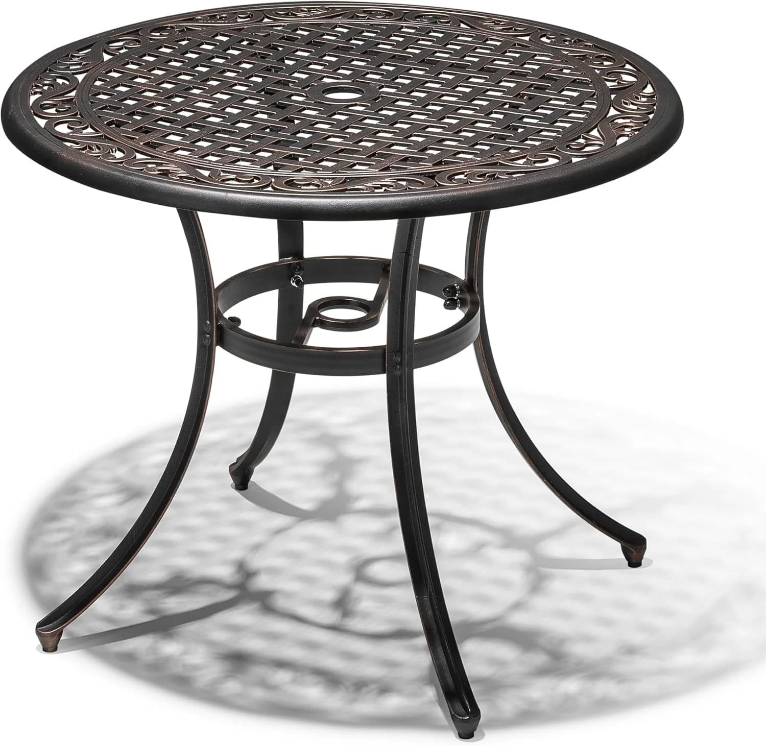 NUU GARDEN 35 Inch Patio Dining Table with Umbrella Hole, Outdoor Cast Aluminum Bistro Table, Black with Antique Bronze
