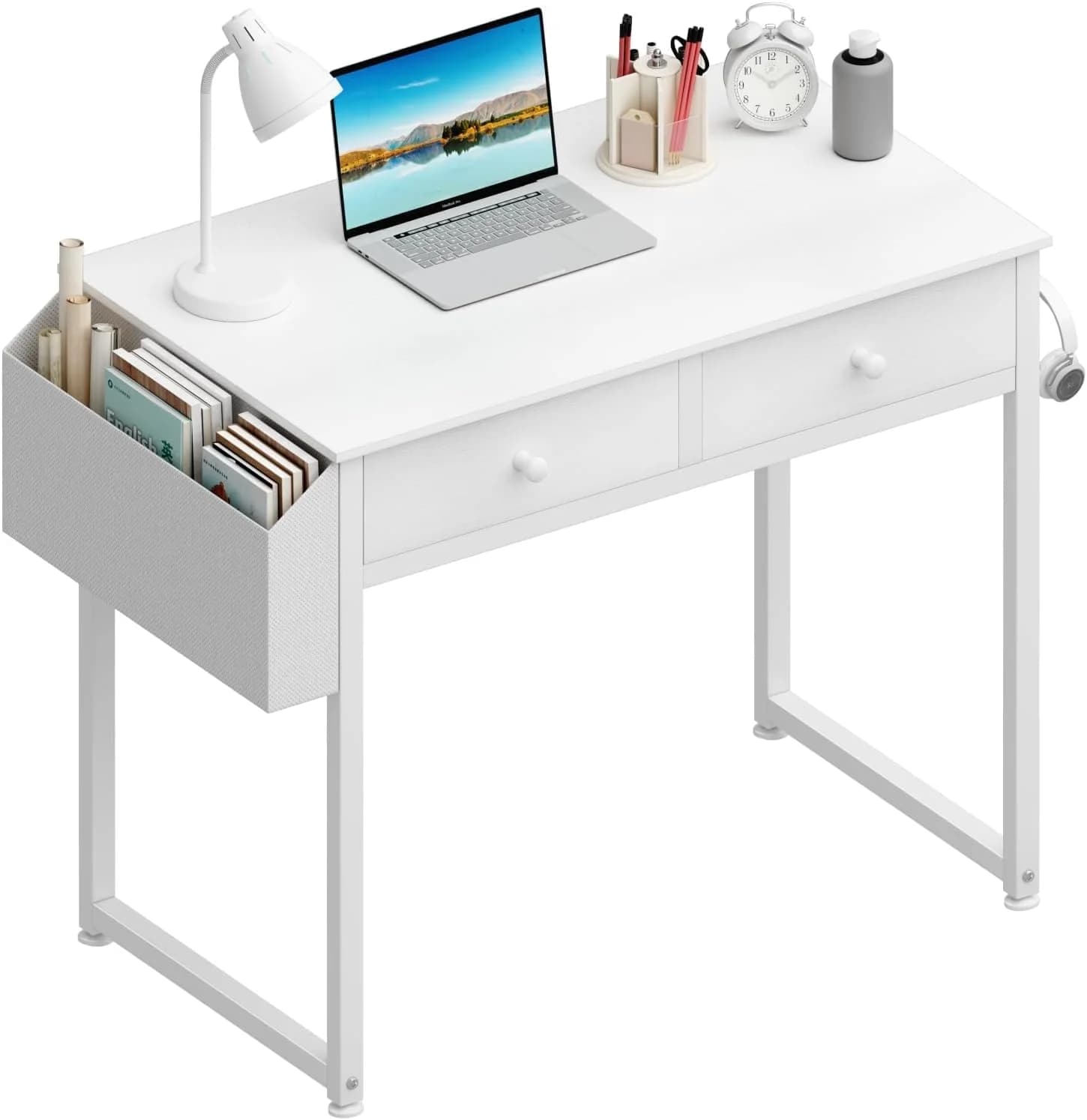 Lufeiya Small White Kids Desk with Drawers for Bedroom, 32 Inch Home Office Desks with Fabric Storage Drawer and Bag, St