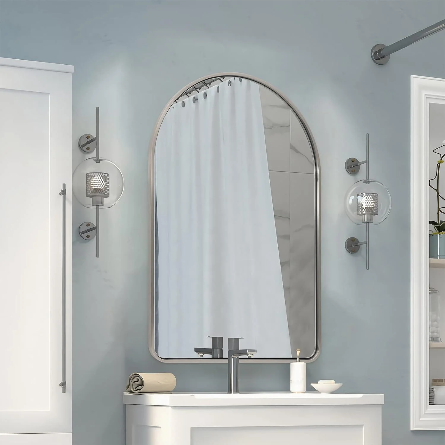 Andy Star Brushed Nickel Arched Mirror, 24x36’’ Arched Bathroom Mirror, Arch Wall Mirror, Bathroom Vanity Mirrors Metal