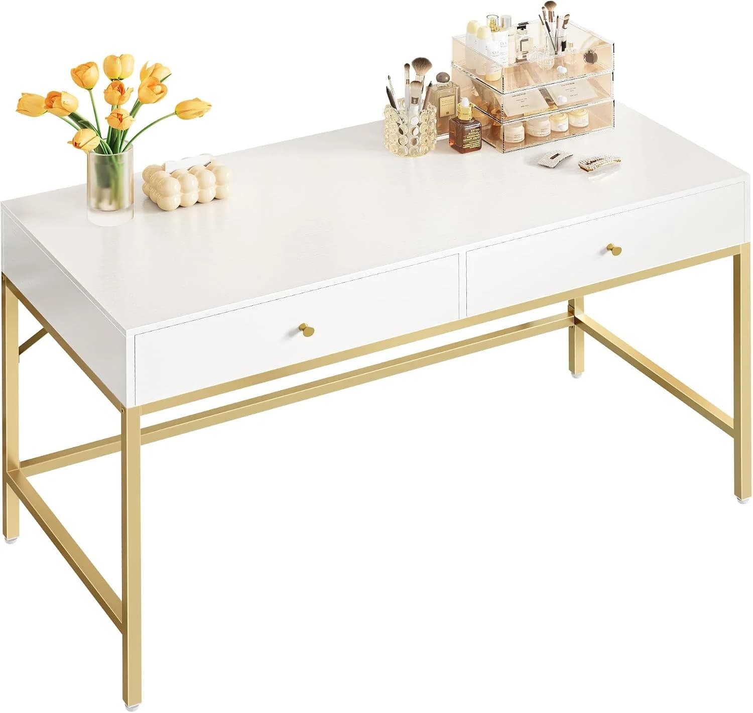 SUPERJARE White and Gold Vanity Desk with Drawers, 47 inch Computer Desk