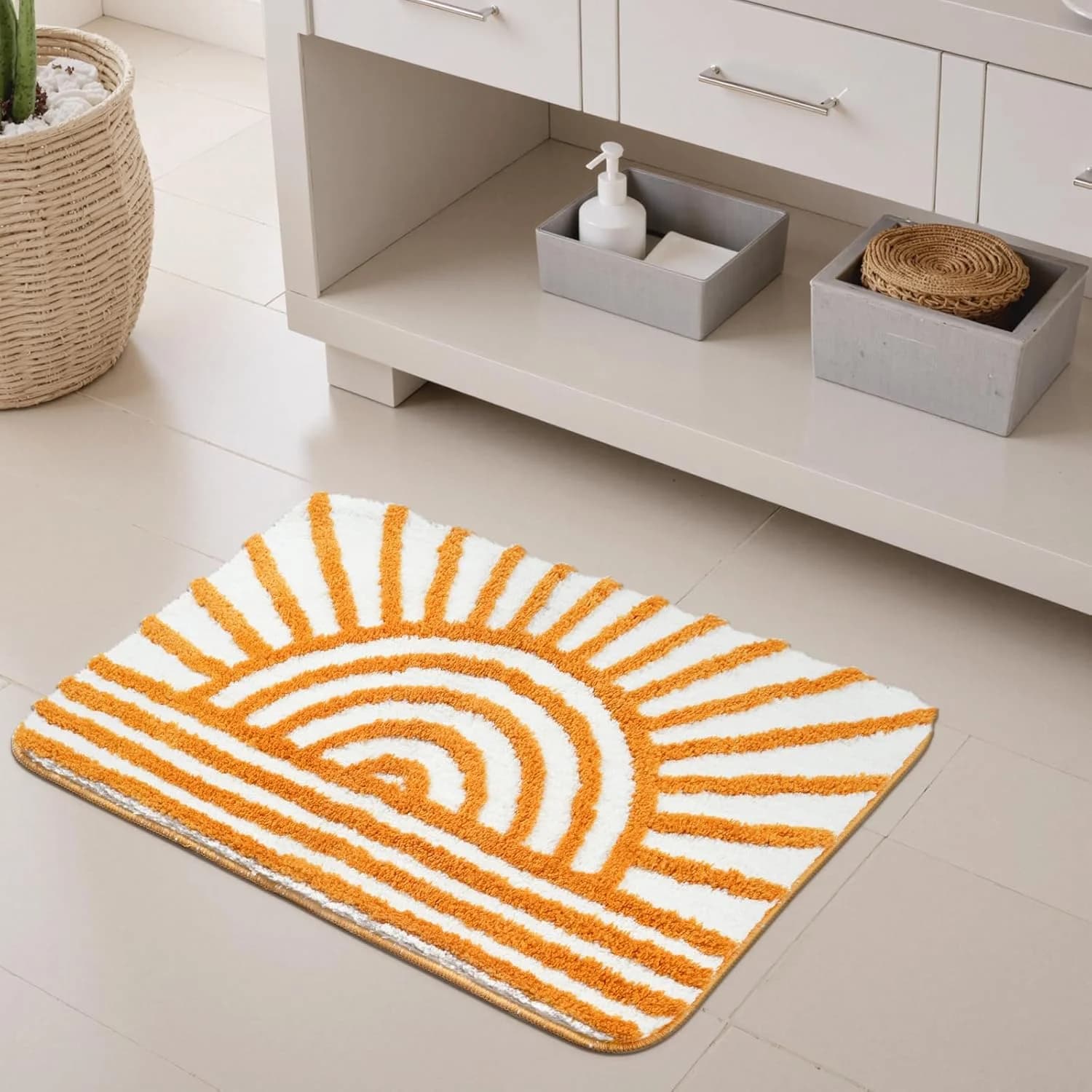 Uphome Boho Bathroom Rugs Yellow and White Sun Bath Mat Non Slip Water Absorbent Microfiber Bath Rug Modern Minimalism A