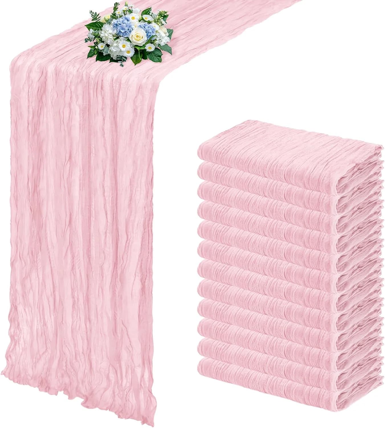 12 Pack Light Pink Cheesecloth Table Runner 17x108 Inch Semi Sheer Boho Gauze Cheese Cloth Fabric Table Runners, for Wed
