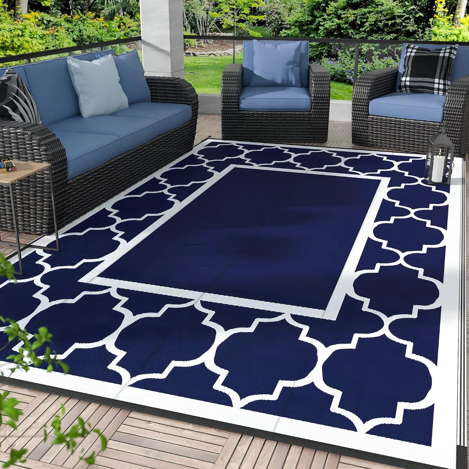 GENIMO Outdoor Rug, Waterproof Plastic Rugs for Patio, 5'x8' Blue White