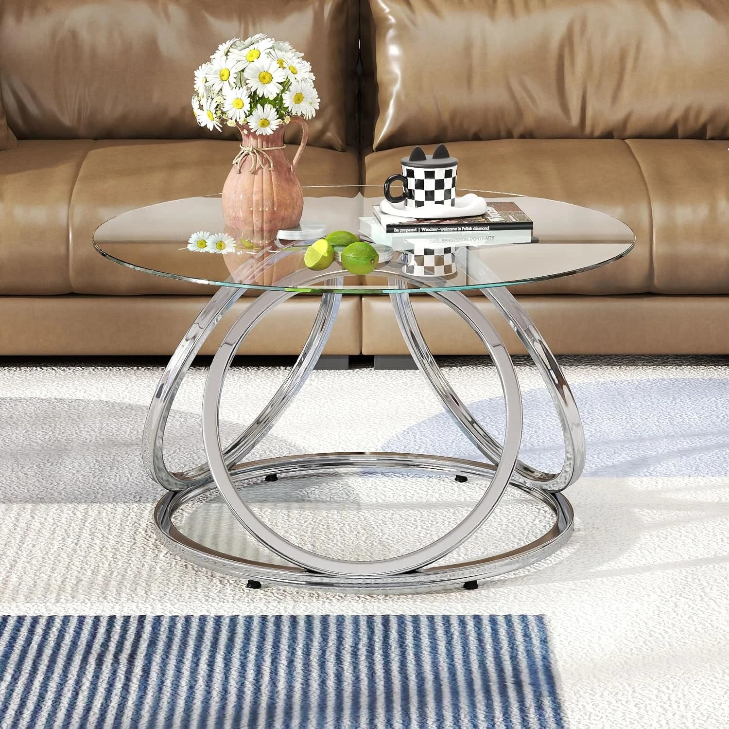 O&K FURNITURE Silver Coffee Table, Modern Glass Coffee Table Living Room Table with Ring-Shaped Frames, Glass Coffee Tab