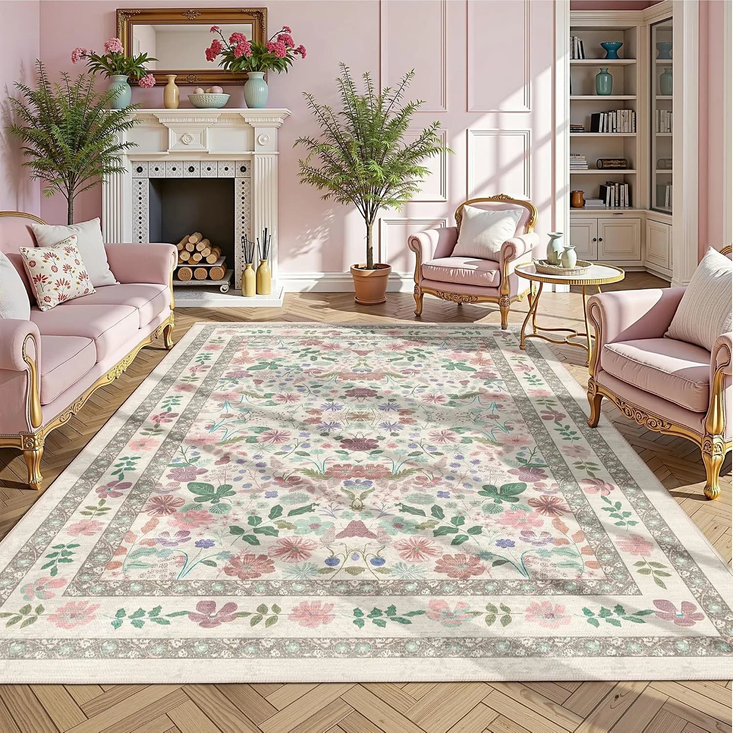 Deerly Floral Area Rugs 5x7 Vintage Boho Washable Non-Slip Living Room Carpet Soft Low Pile Thin Bedroom Floor Mat Indoo