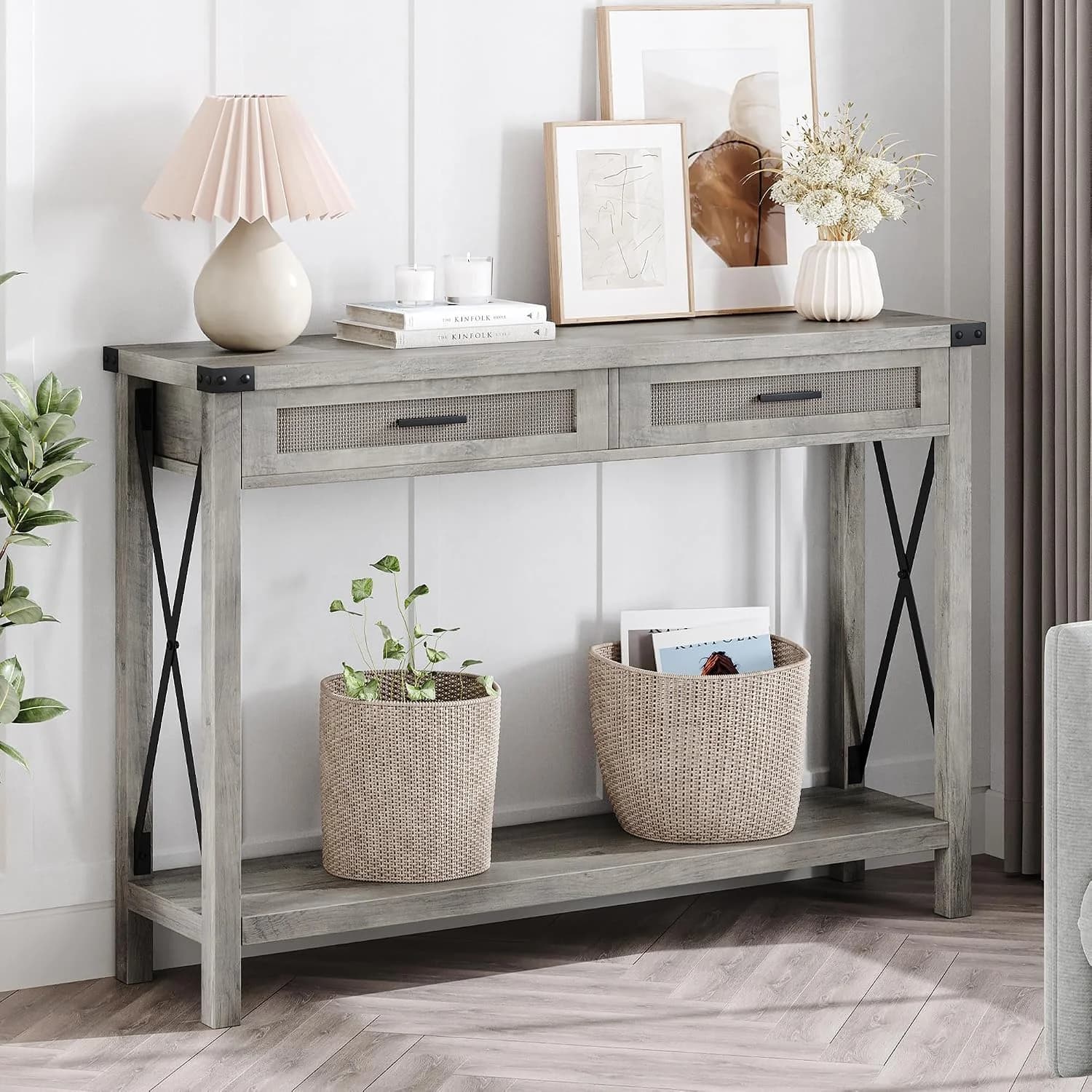 IDEALHOUSE Farmhouse Entryway Table, Grey Console Table with Rattan Drawers, 43" Sofa Table with Storage, Console Tables