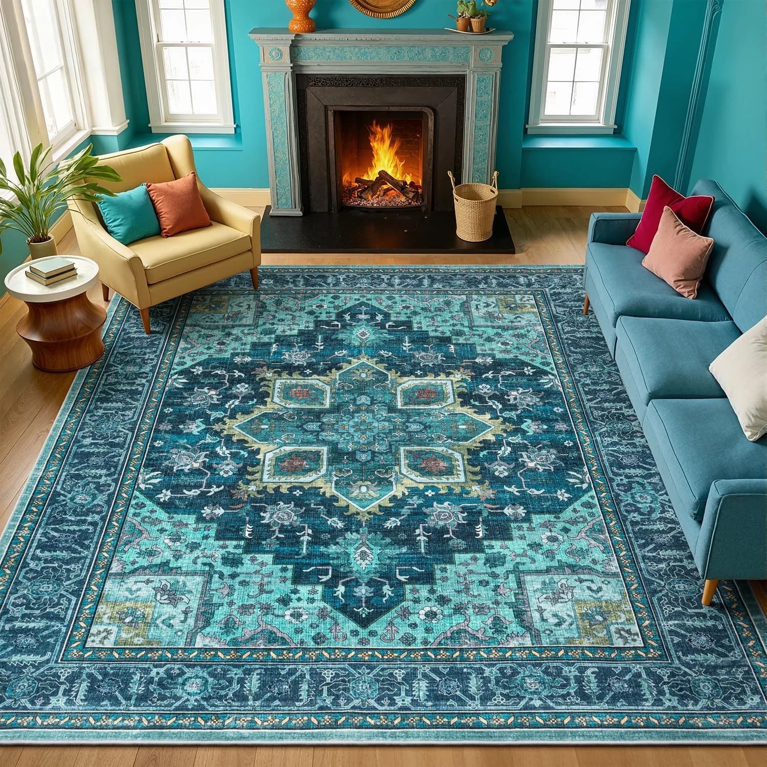 8x10 Turquoise Large Area Rugs for Living Room, Boho Washable Rug