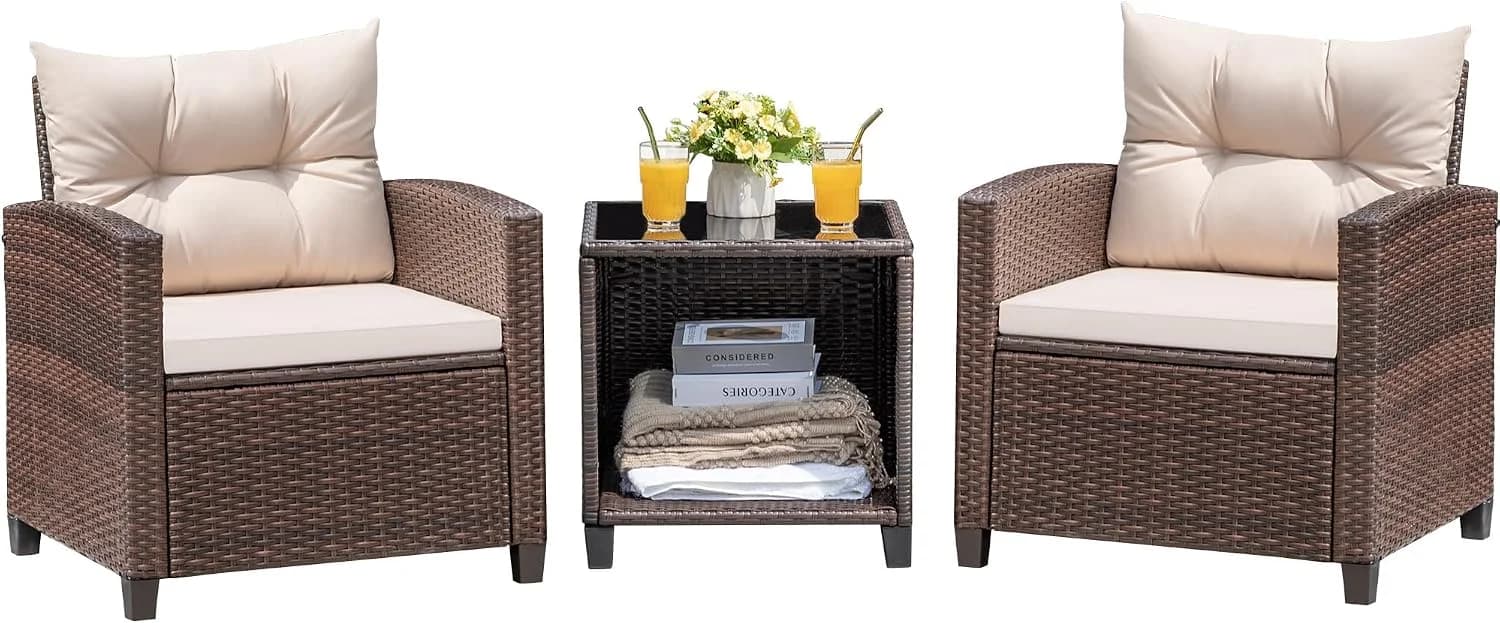 Devoko 3 Pieces Patio Furniture Set Outdoor Wicker Chairs and Table, Beige