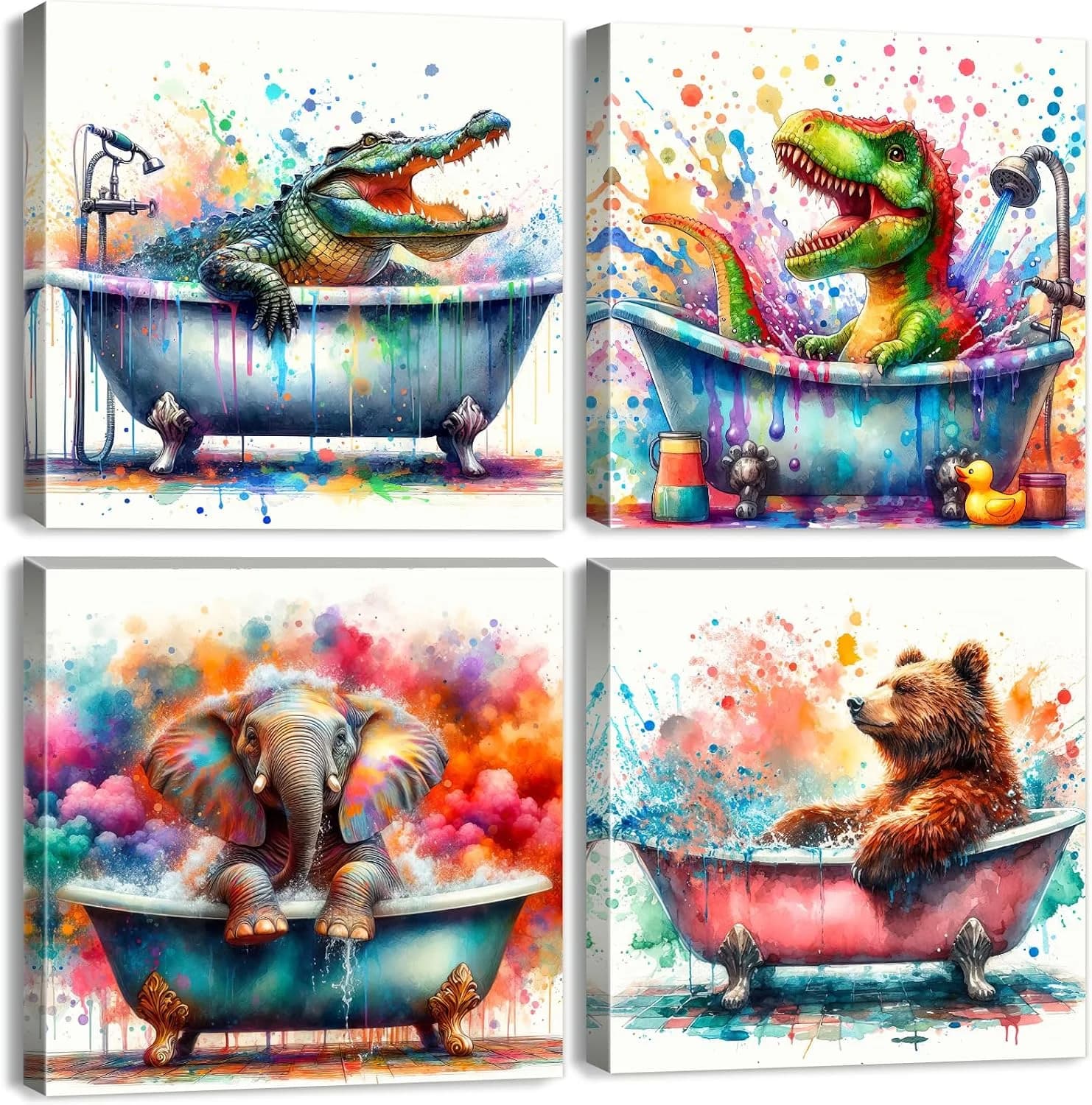 Graffiti Animals Wall Art Kids Bathroom Wall Decor Funny Dinosaur Bear Elephant Bathing Pictures Canvas Prints Nursery T