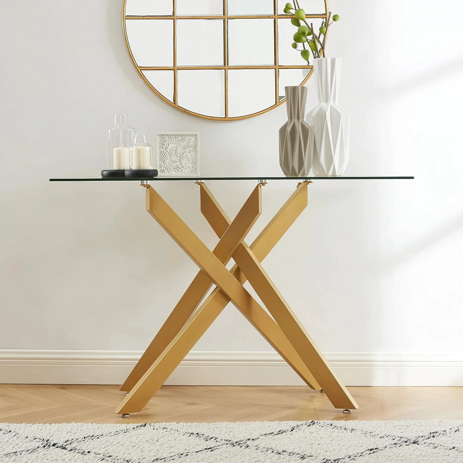Modern Cross-Leg Console Table with 8mm Tempered Glass - Gold Geometric Entryway Table for Living Room & Bedroom, 45”Lx1