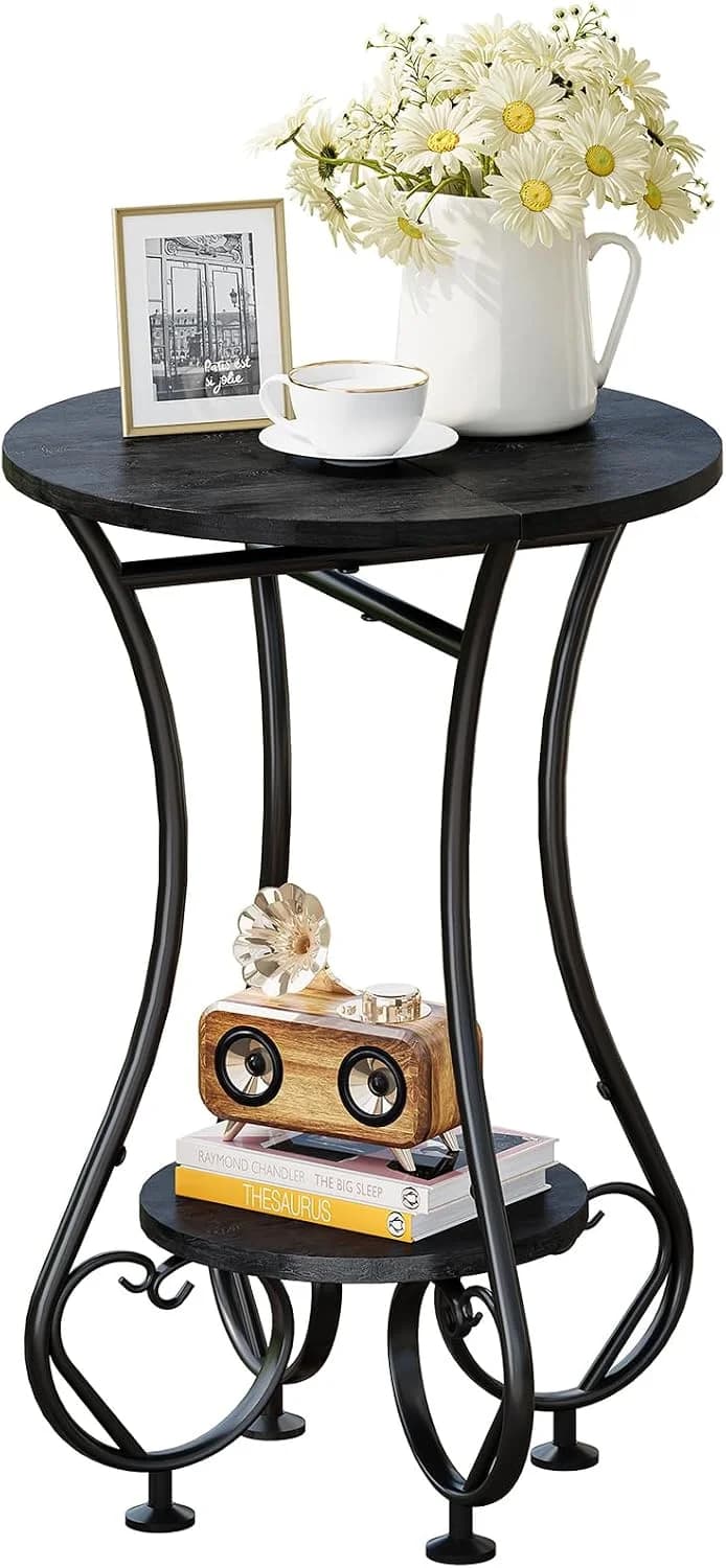 X-cosrack Small Round Side Table,Round End Table for Small Spaces - Black Metal Nightstand with Adjustable Feet,Couch So