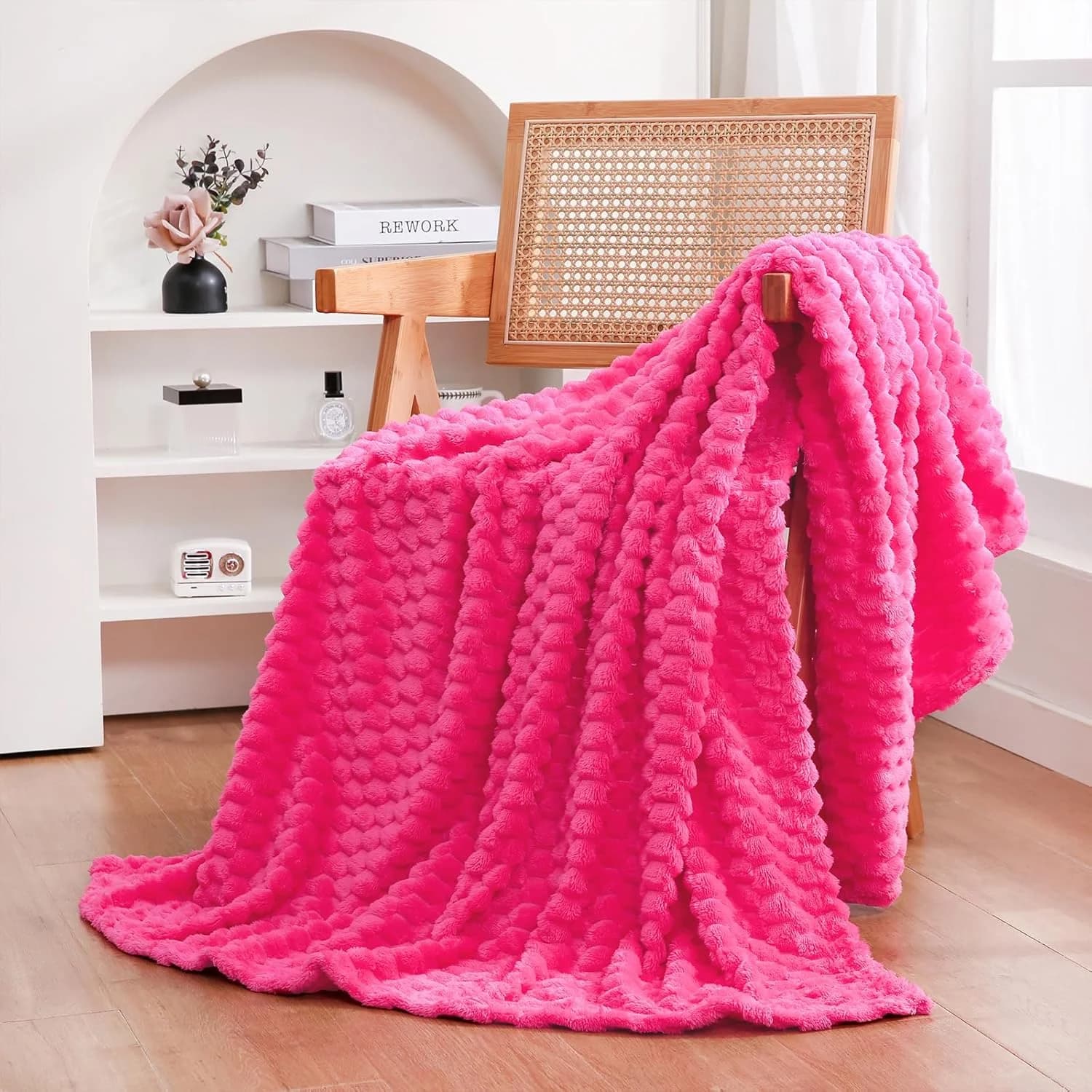 Puncuntex Hot Pink Throw Blanket 50"×60" Gifts for Mom Fuzzy 3D Jacquard