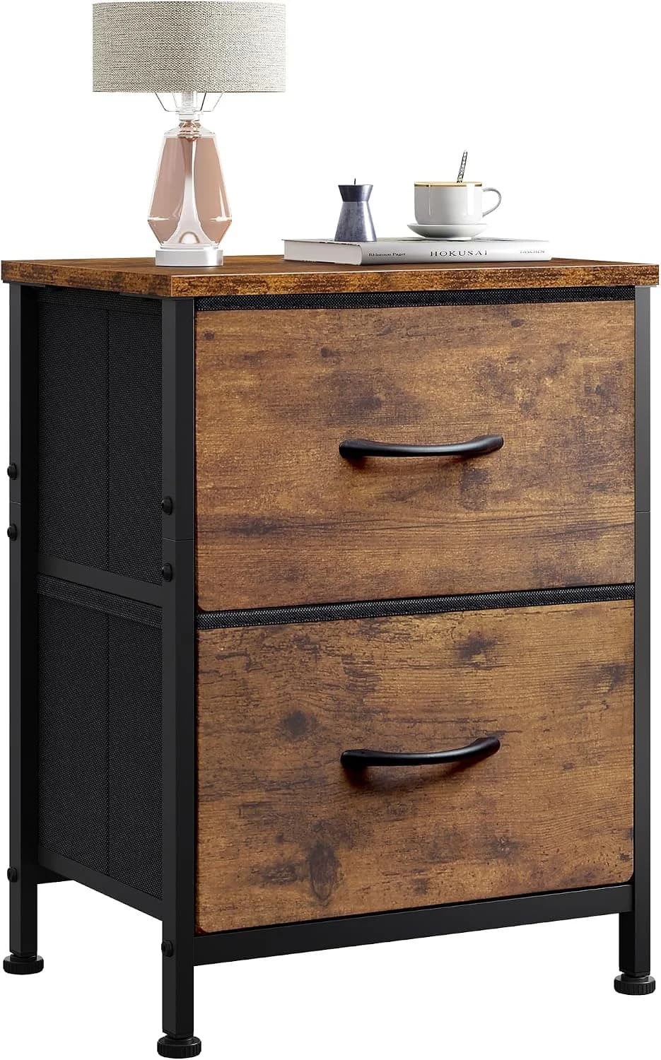 WLIVE Night Stand, Small Dresser with 2 Drawers & Wooden Top, Nightstand with Fabric Bins, Bedside Table End Table for B
