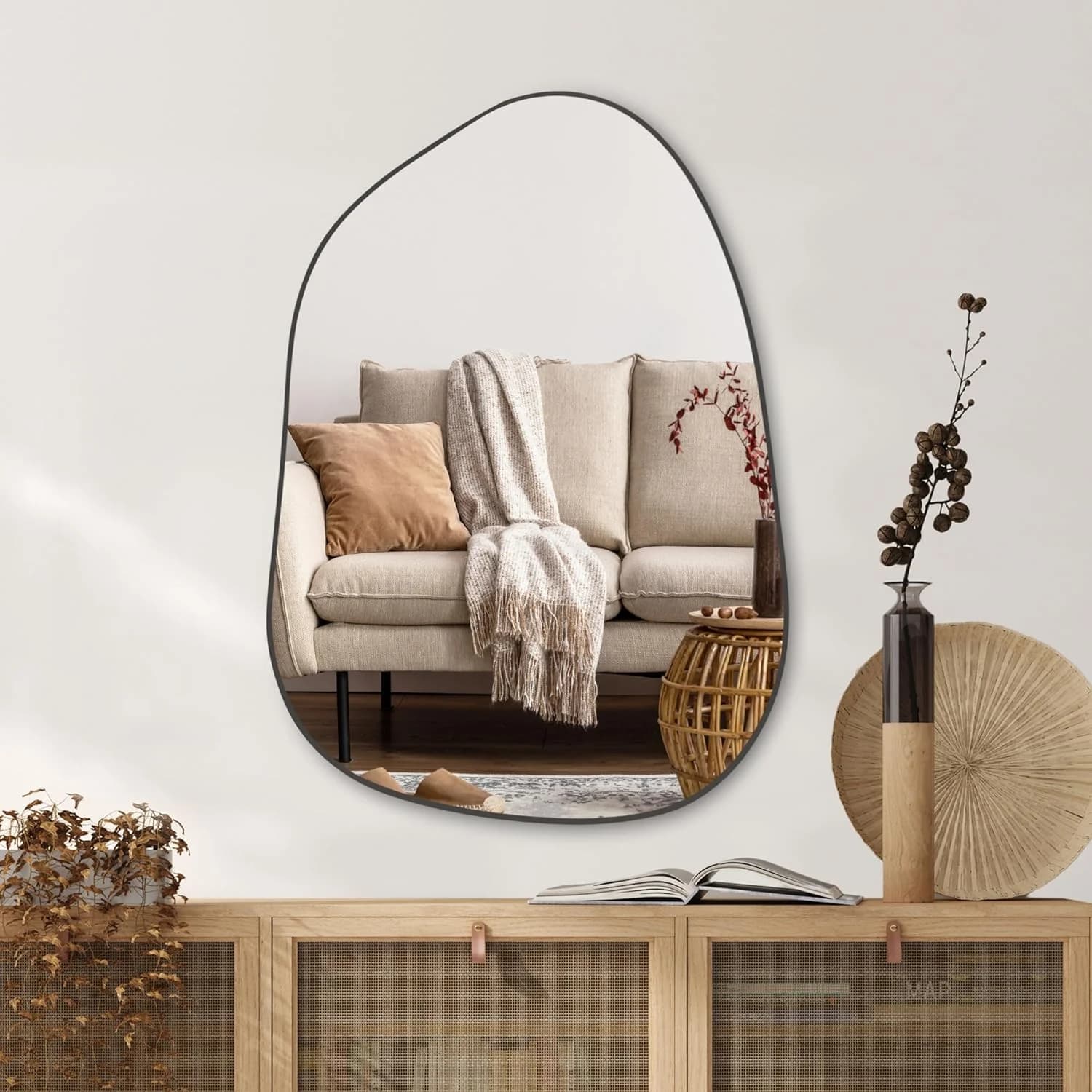 PERFNIQUE Irregular Wall Mirror Asymmetrical Mirror, 27''x19'' Black Mirror for Bathroom Bedroom Living Room Entryway, D