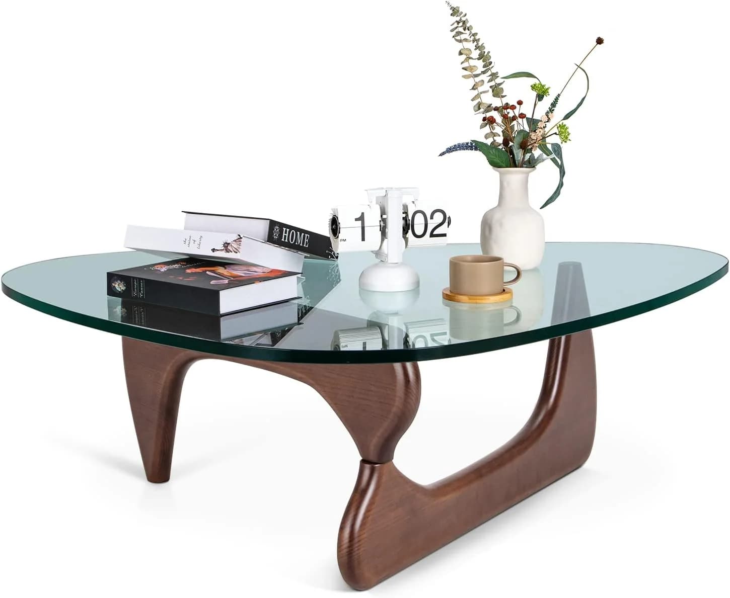 Triangle Glass Coffee Table Modern Coffee Table, with Vintage Clear Glass, and Solid Wood Base, End Table for Living Roo