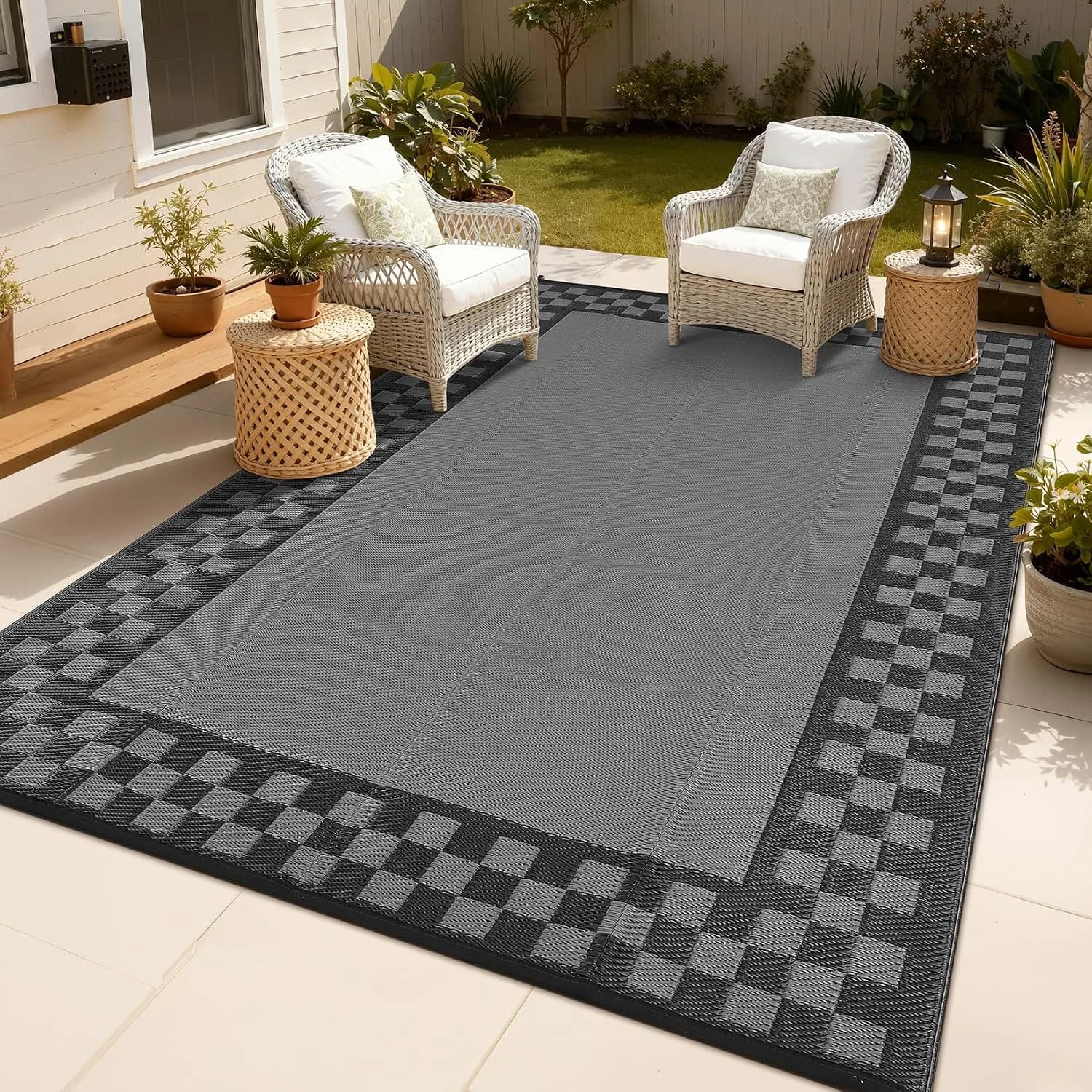 Outdoor Rug 8x10 Waterproof Patio Rugs Modern Checkered Reversible Mat for Front Door Rv Foldable Plastic Straw Carpet f