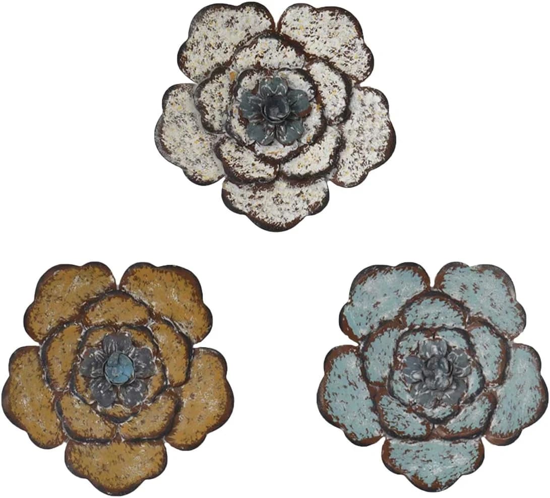 8 Inch Colorful Large Metal Flower Wall Art Multiple Layer Home Decor for Outdoor Bedroom Living Room Office Garden Set