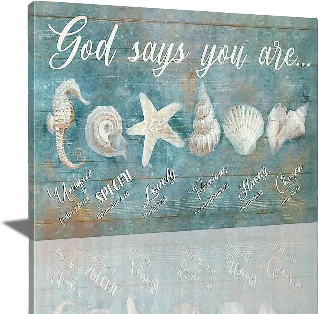 Ocean Beach Nautical Seashell Starfish Wall Art God Says You Are Wall Decor Rustic Shell Coastal Theme Pictures Canvas P