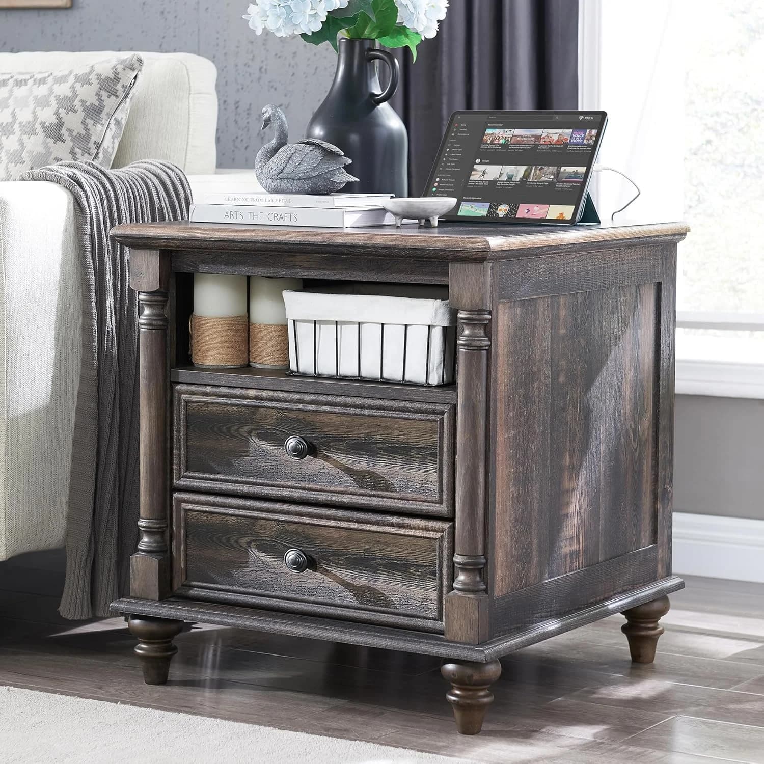 T4TREAM 24" Farmhouse Nightstands with 2 Drawers, Dark Rustic Oak