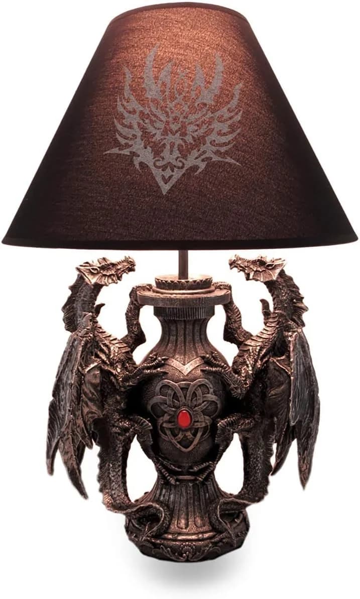 Zeckos Dragon Table Lamp, 19 Inch Gothic Guardians with Black Fabric Shade
