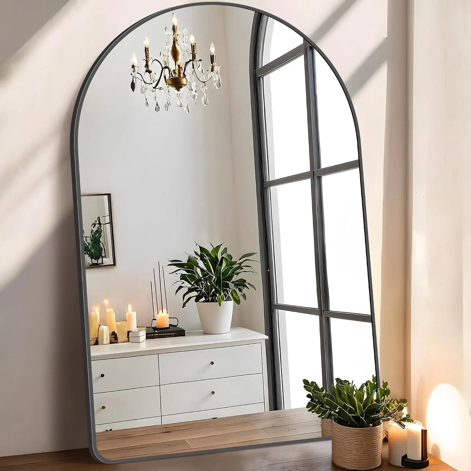 FORBATH Arched Mirror 30x48 Inch, Black Arched Bathroom Mirror Wall Mounted Modern Black Aluminum Frame Decor Large Dres