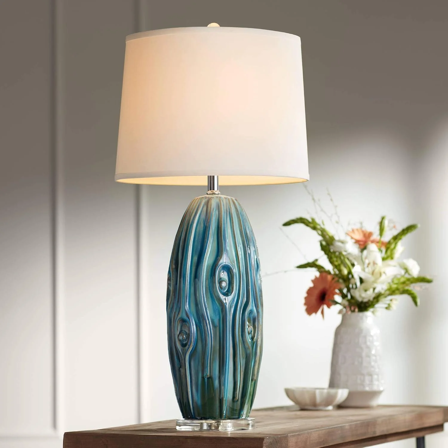 Eneya 31" Large Table Lamp Blue Ceramic Green Beach Coastal Modern